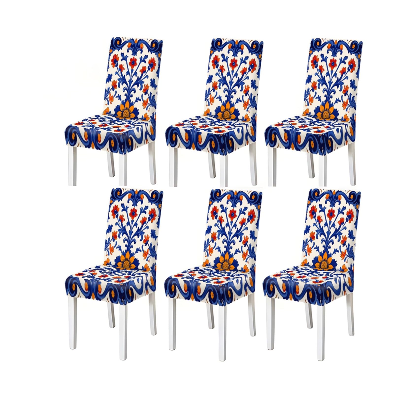 Bosuybn One Color Dining Chair Covers 2/4/6 Pieces, Stretch Slipcovers Blue Orange Floral Tile Pattern Mediterranean Style Kitchen Dining Room Furniture Protectors For Home Dining Room(6Pcschair Cover)