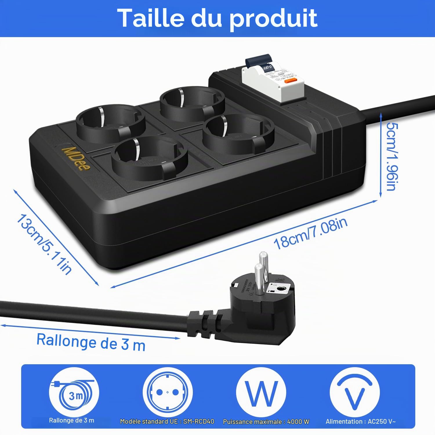 MDee RCD Multiprise MDee RCD avec disjoncteur différentiel, Multiprise Electrique (16A/4000W), 4 Prises, Protection Contre Les Surtensions, Câble 3M pour appareils électroménagers, Outils, extérieur