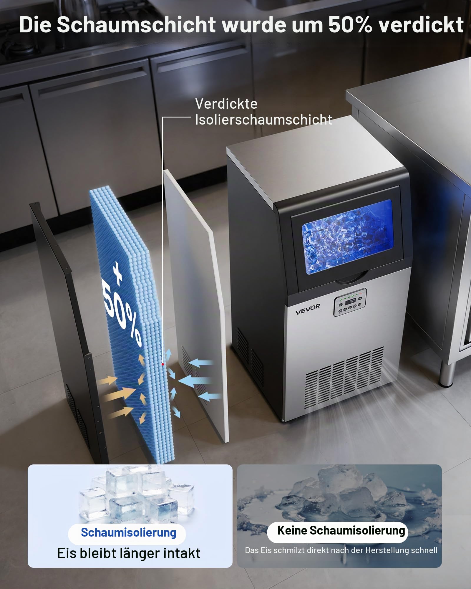 VEVOR Kommerzielle Eismaschine 54 kg/Tag, Eiswürfelbereiter mit 14 kg Eisvorratskapazität, Eiswürfelmaschine aus Edelstahl mit LED-Anzeige und Selbstreinigung, Ideal für Restaurant, Café und Bar