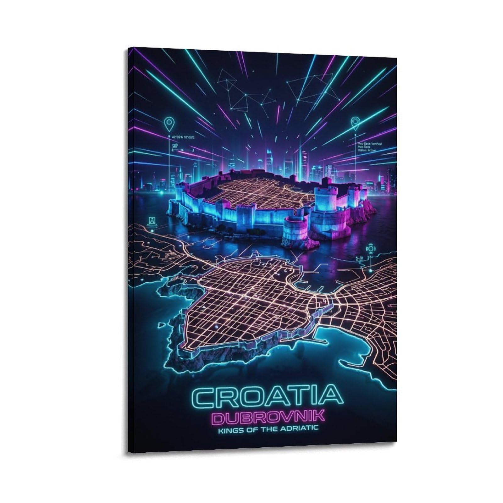 XKUGA Retro Neon Map Gamer Room Poster Croatia Dubrovnik Modern Decorative Canvas Prints - Ideal Wall Art for Family, Man Cave, Game Room, Boys & Girls Bedroom 12x18inch(30x45cm)