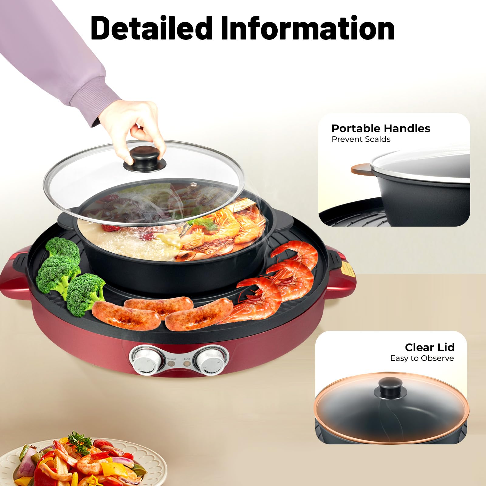 Elektryczny hotpot i grill, 2 w 1, garnek hotpot z dzieloną brytfanną 2200 W, tatarski hu do koreańskiego BBQ, fondue, mięsa, warzyw – dla rodziny, na imprezę, do grillowania wewnątrz (czerwony