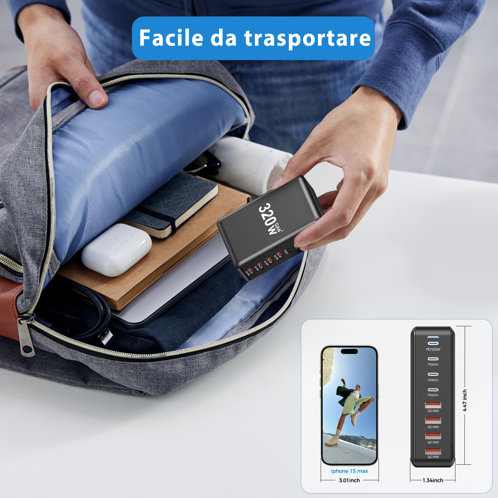 Caricabatterie USB C da 320 W: ricarica rapida GaN III a 8 porte, caricabatterie da tavolo USB C PD, compatibile con iPhone, Samsung, MacBook, Dell e altri dispositivi.