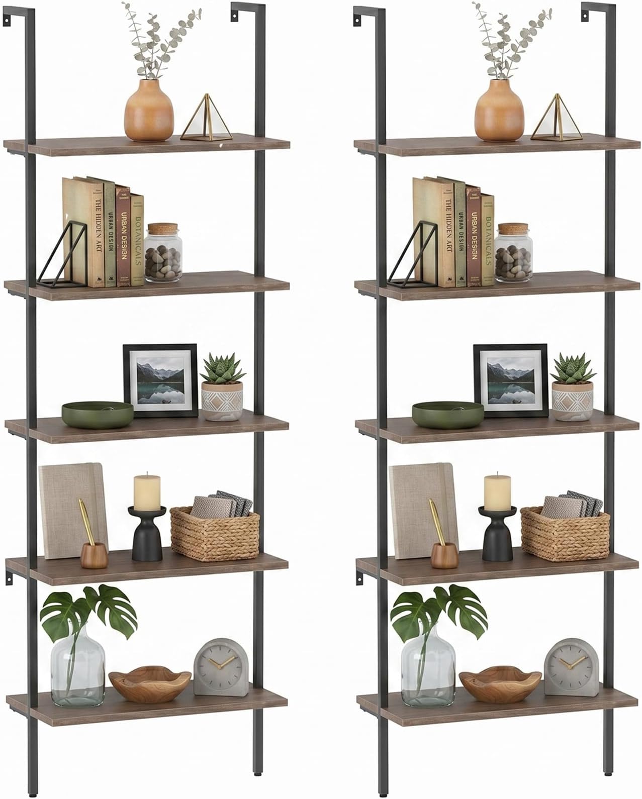 aboxoo Ladder Shelf 2PCS Open Bookshelf 5-Tier Wall-Mounted Wood Bookcase Rack Open Back Industrial Modern Plant Flower Stand Utility OrganizerMetal Frame Furniture Office Kitchen Bedroom (Brown)