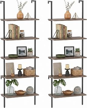 aboxoo Ladder Shelf 2PCS Open Bookshelf 5-Tier Wall-Mounted Wood Bookcase Rack Open Back Industrial Modern Plant Flower Stand Utility OrganizerMetal Frame Furniture Office Kitchen Bedroom Brown