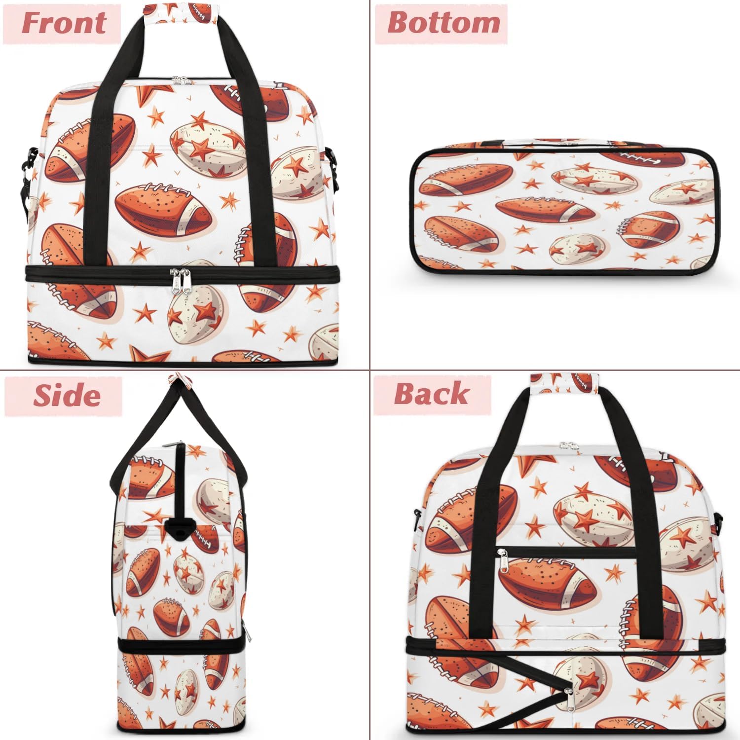Sports Duffel Bag, Foldable Rugby Balls Sport Travel Duffel Bag, Gym Yoga Beach Bag Weekender Overnight Bag with Shoes Compartment for Men Women, Rugby Football