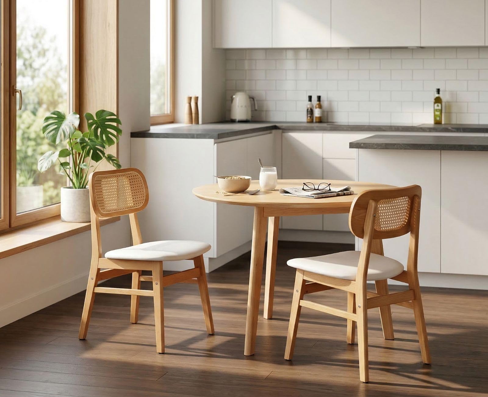 Ya-Home Lot de 2 Chaise de Salle à Manger en Rotin,Chaise de Cuisine,Blanc | Cuir PU avec Coussin et Dossier Confortable,Cadre en Boise,Fauteuil Rembourré,pour Cuisine/Restaurant