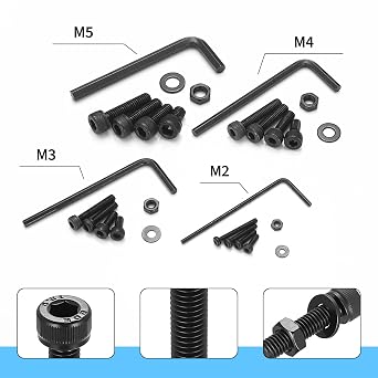 1500 Pcs M2 M3 M4 M5 Socket Head Cap Screw Set, 1500 Pcs Black Carbon Steel Allen Bolts with Nuts & Washers, Metric Machine Screw Assortment Kit with Hex Key