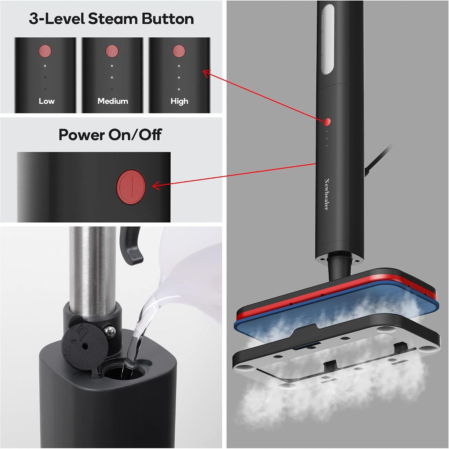 Close-up of the Newbealer Steam Mop's control panel, showing the 3-level steam button and power on/off button, along with water tank filling.
