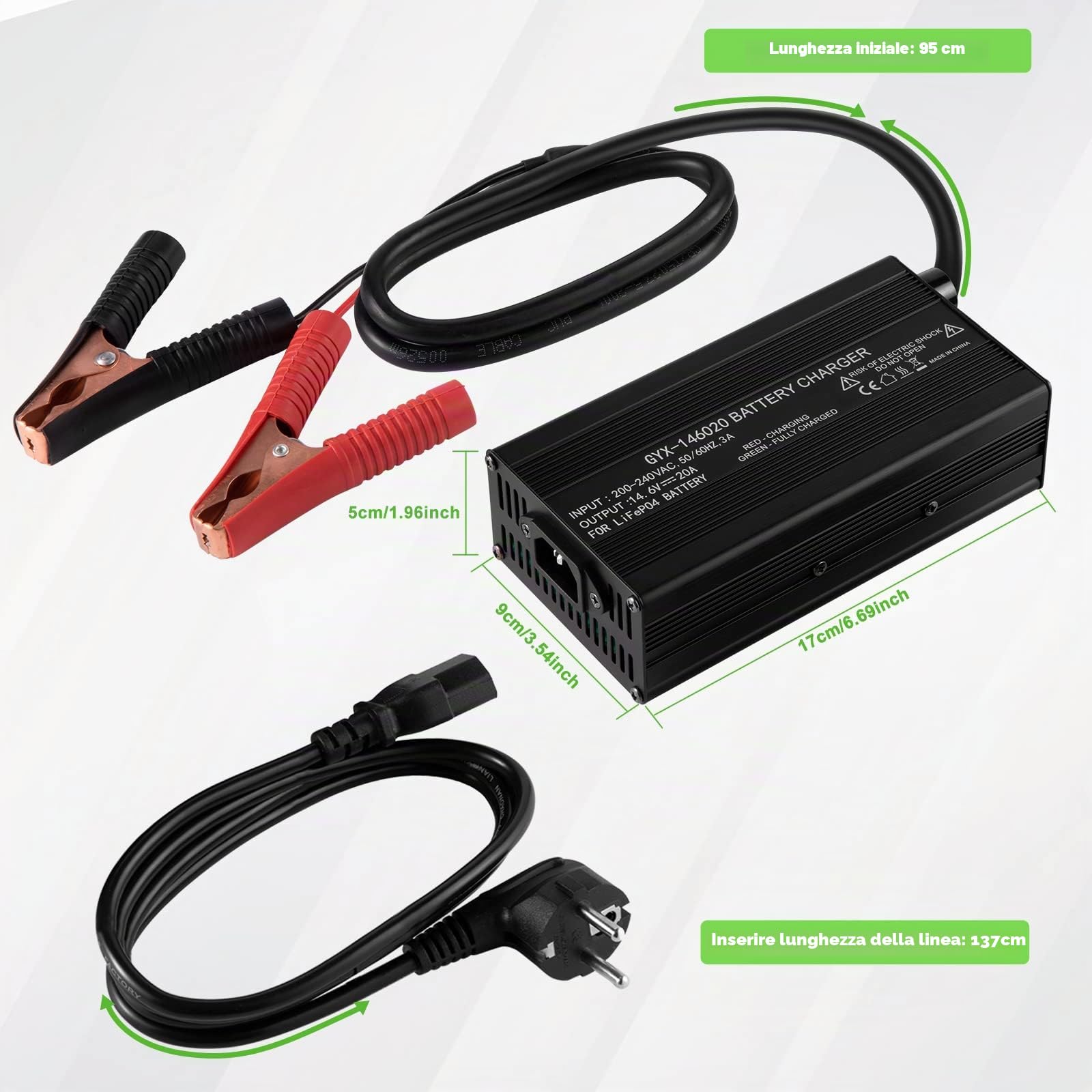 LiFePO4 - Caricabatteria da 14,6 V, 20 A, per batteria da 12 V, 100 Ah, interfaccia a clip a coccodrillo, caricatore intelligente al litio a sei livelli
