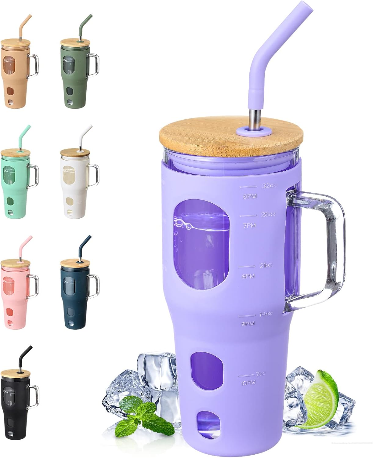 VOKOVO 32 Oz Glass Tumbler with Bamboo Lid and Straw