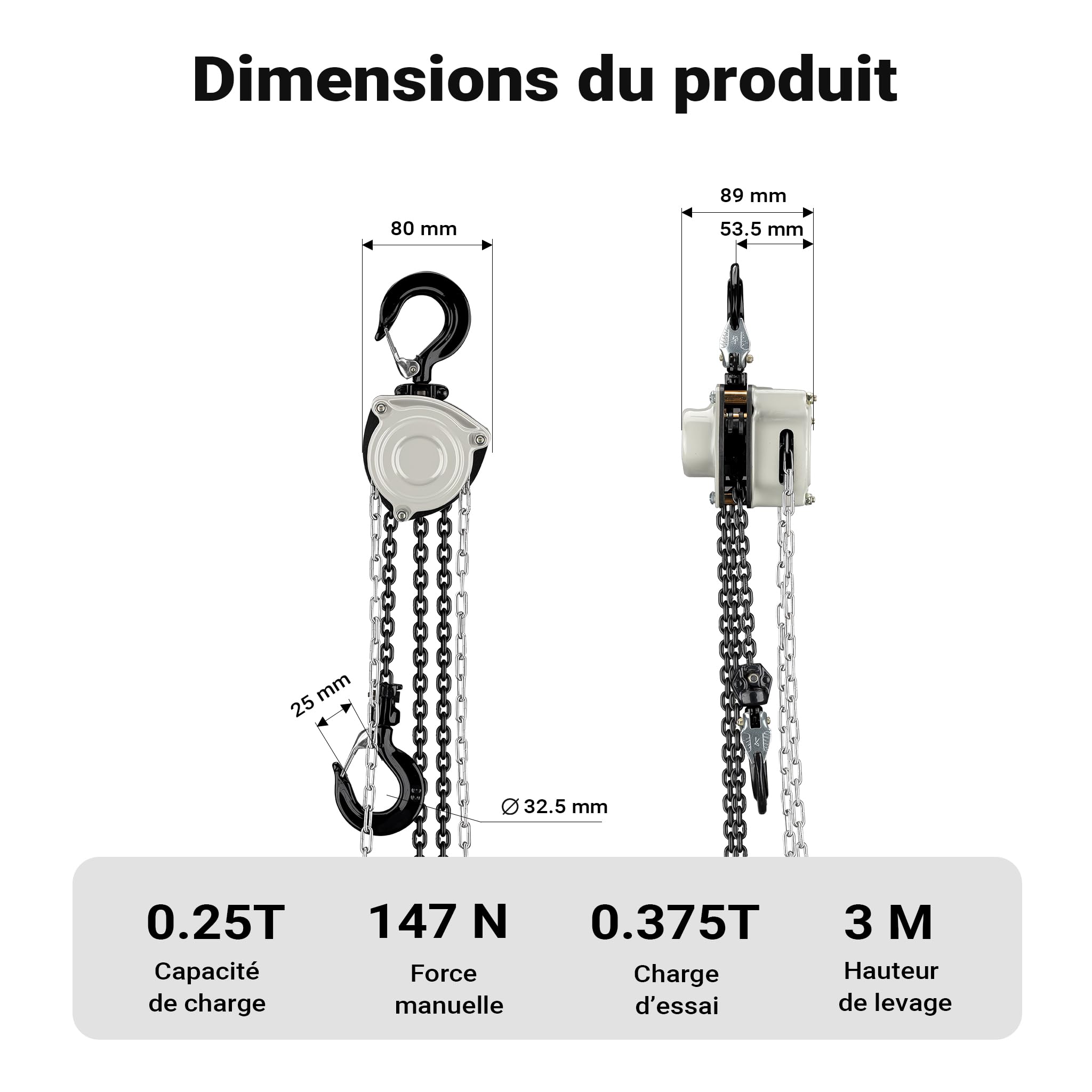 Wiltec Palan à chaîne manuel V21-0.25 ultraléger et compact – Capacité de levage 0,25 t – Hauteur de levage 3 m – Chaîne 3 m – Palan mécanique de levage pour atelier