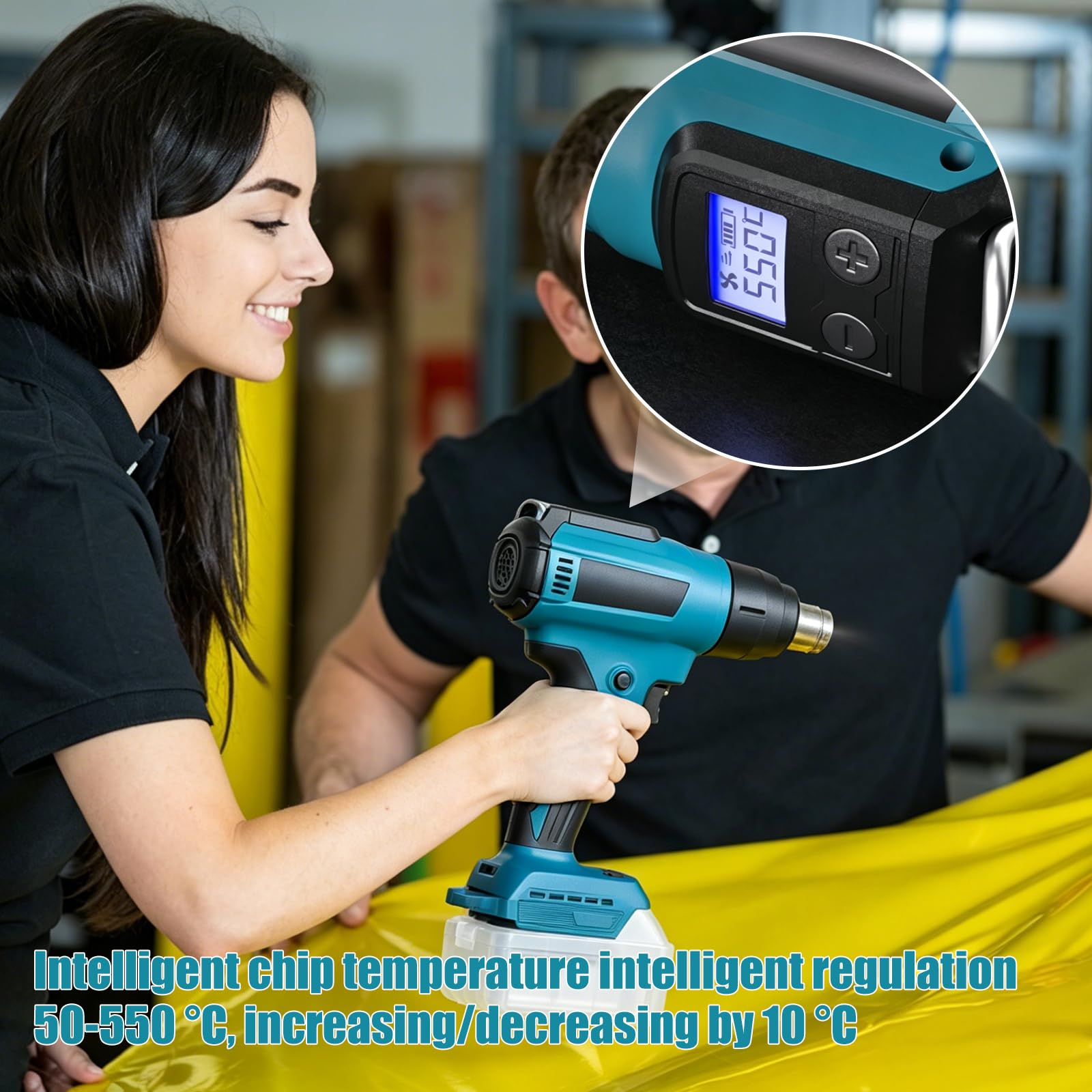 Pistola de aire caliente con batería para 18 V, 50 – 550 °C, ventilador de aire caliente inalámbrico con pantalla LCD y 4 boquillas de acero inoxidable, temperatura ajustable y control de aire