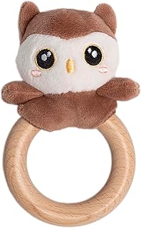 Pearhead Owl Wooden Baby Teether – Soft Plush Lovey with Natural Wood Rattle Ring, BPA-Free, Soothes Infant Gums, Multi-Sensory Newborn Essential for Boys and Girls, 0+ Months