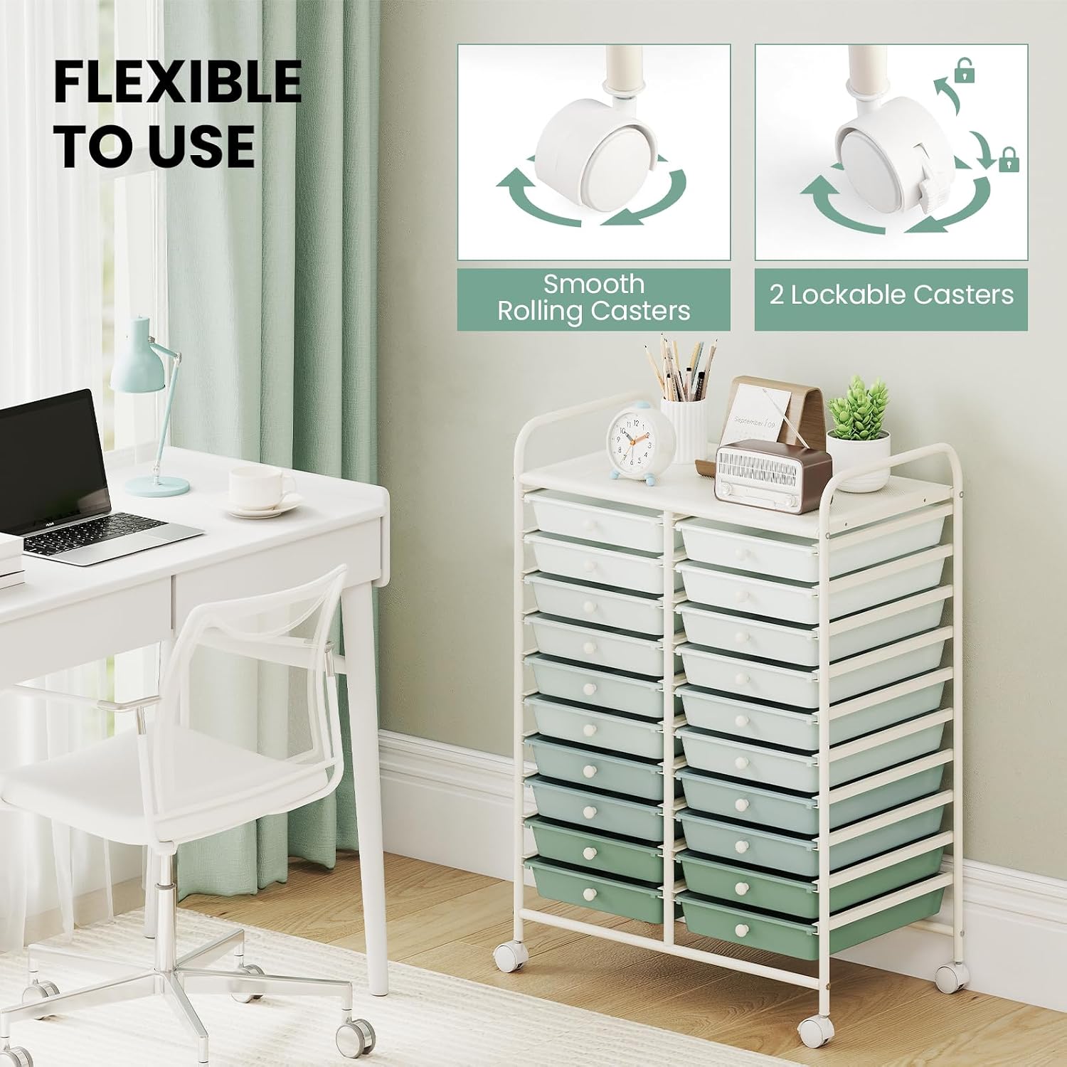 Giantex 20 Drawers Rolling Cart, Mobile Storage Drawer Cart, Classroom Organizer Cart for Office School Supplies Tools Scrapbook Paper Craft Small Printer, Utility Cart on Wheels, Green Gradient