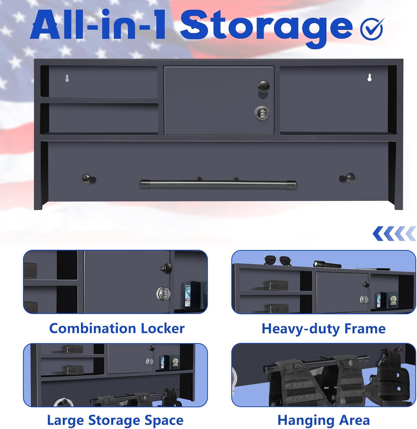 Montex Police Gear Rack with Lockbox Safe,Tactical Gear Racks Wall Mount Hanger,Police Academy Graduation Gift,Police Hanger Rack