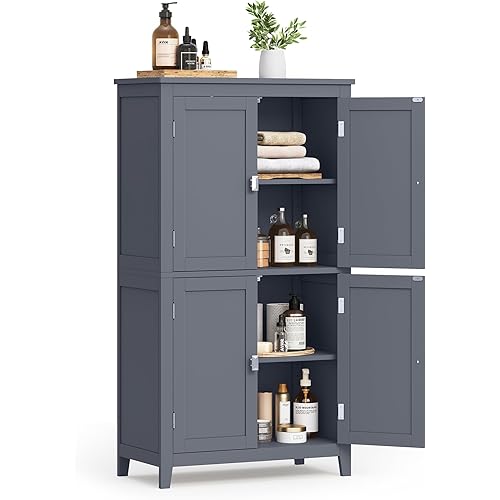 VASAGLE Floor Storage Cabinet, Freestanding Storage Unit with 4 Doors, Adjustable Shelves, 11.8 x 23.6 x 43.3 Inches, for Entryway, Bathroom, Slate Gray UBBC552G01