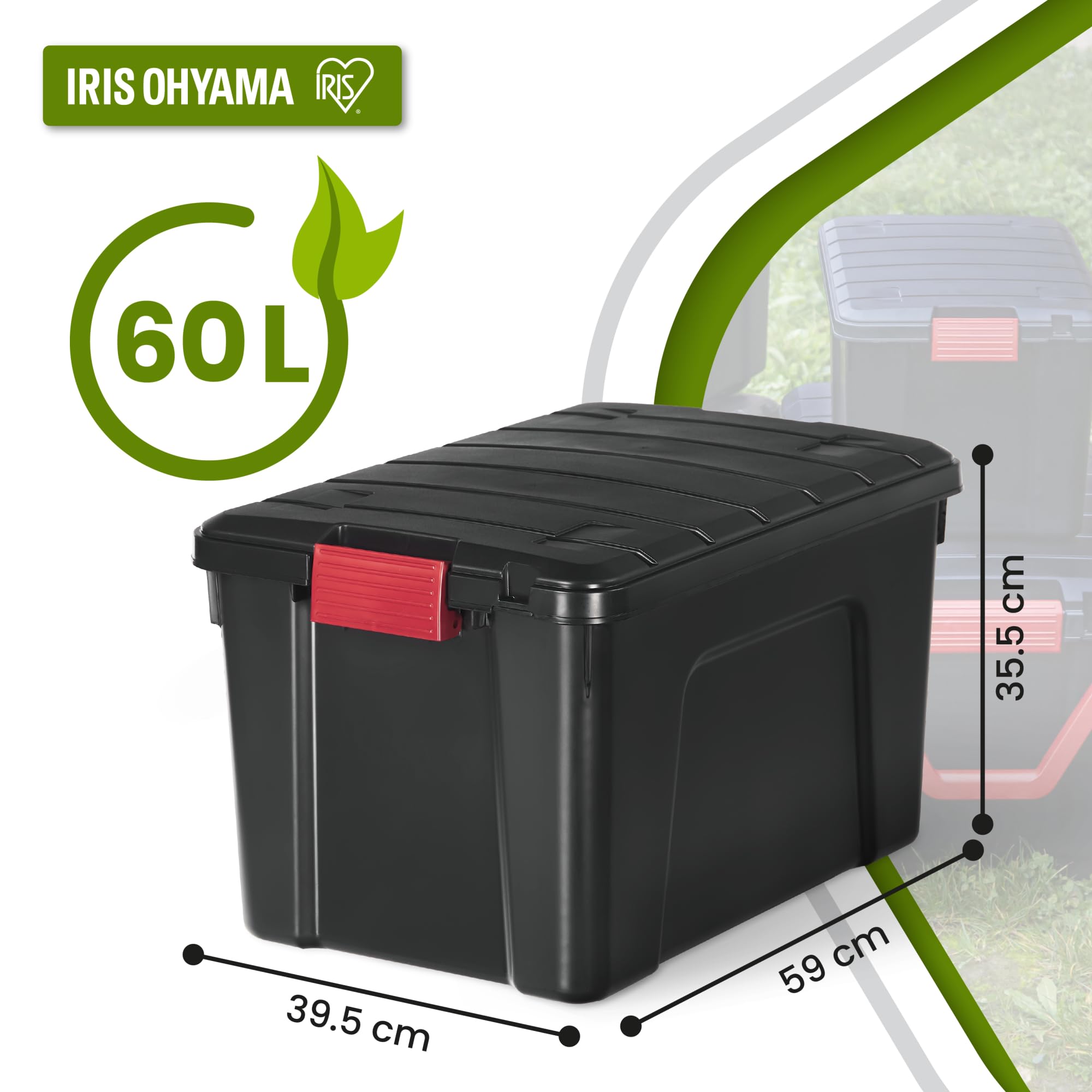 Iris Ohyama, große Kunststoff-Aufbewahrungsbox, 60 l Garagen-Aufbewahrungsbox, 3er-Set, SIA-60, schwarz, stapelbar, Verschlussklammern ? B59 x T39,5 x H35,5 cm