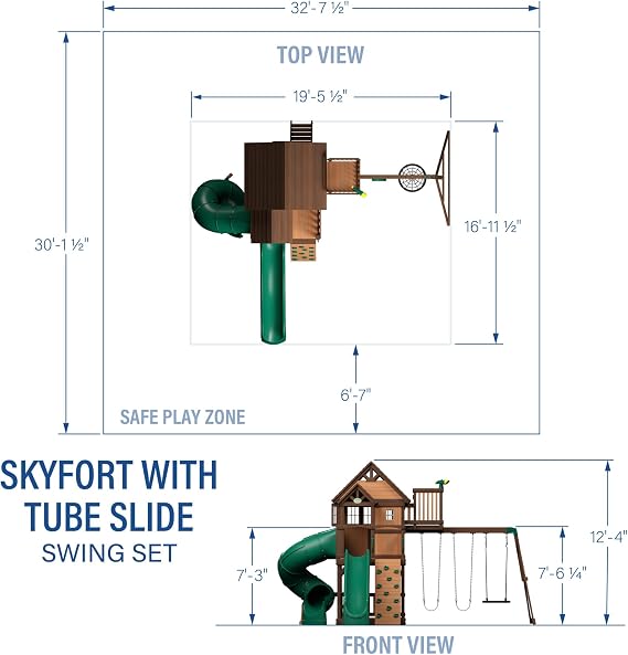 Backyard Discovery Skyfort All Cedar Swing Set, Elevated Covered Wood Roof Clubhouse with Bay Windows, 2 Belt Swings, Web Swing, 10ft Wave Slide, 5 ft Tube Slide, Covered Picnic Table, 5 ft Rock Wall