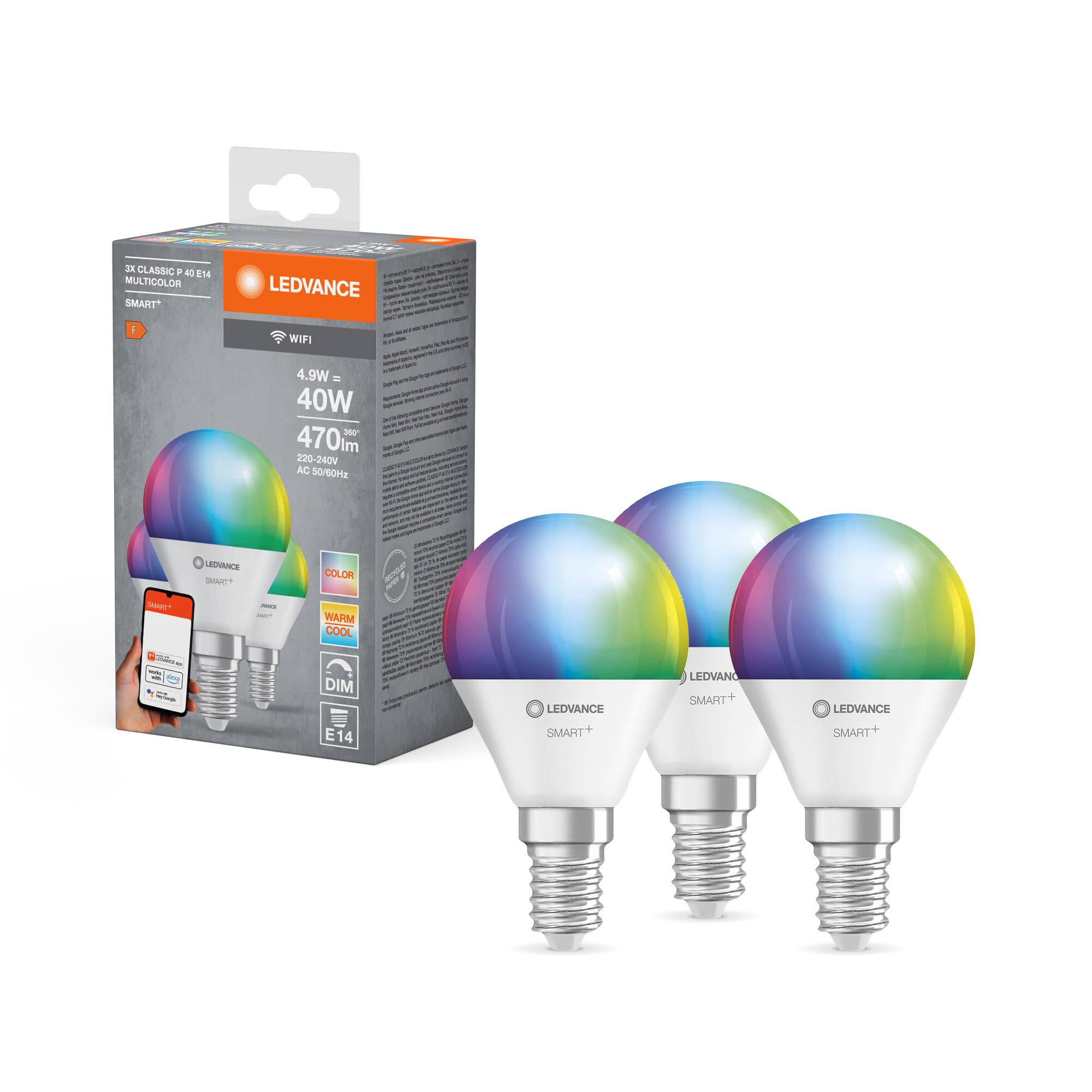 LEDVANCE Smart LED lamp with WiFi Technology, E14-base matt Optics ,RGBW Colours Changeable, Light Colour Changeable (2700K-6500K), 470 Lumen, 40W-Replacement, Smart dimmable, 3-Pack