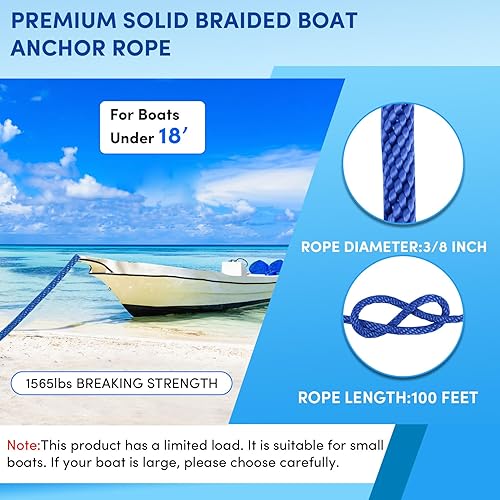 Vista 160 de Cuerda de anclaje premium de 100 pies x 3/8 pulgadas, cuerda marina de línea de anclaje MFP trenzada sólida con dedal y grillete, color negro
