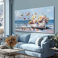 GAIDUOMAI Coastal Butterfly Flowers Canvas Wall Art Wooden Boat Beach Print 24x48 Inch Landscape Decor for Bedroom Office
