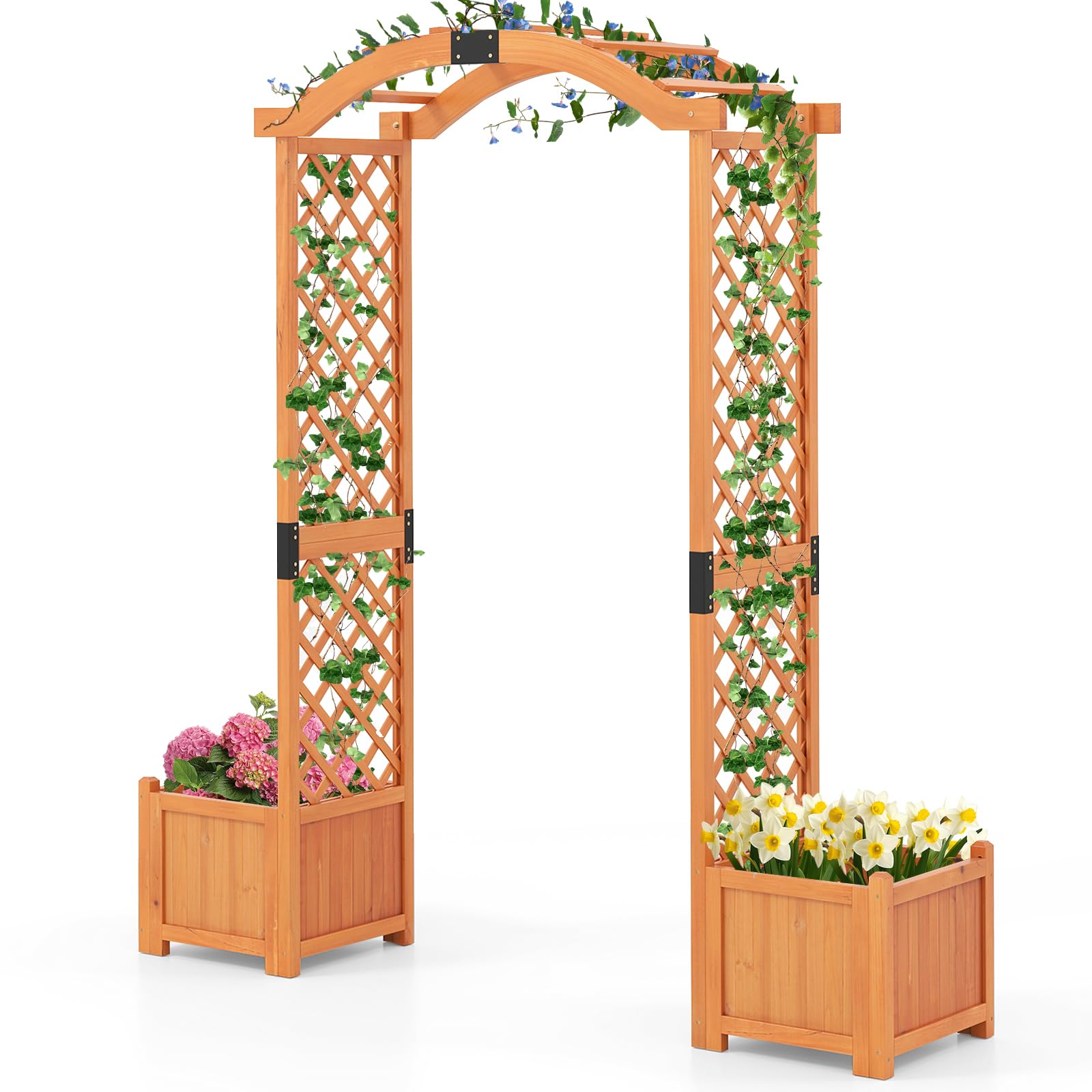 COSTWAY 2 w 1 łuk różany ze skrzynką na kwiaty, łuk ogrodowy, drewniany łuk do roślin pnących, pergola dla roślin pnących, kratka dla roślin pnących, półłuk do ogrodu, na wesele, imprezę, drewno