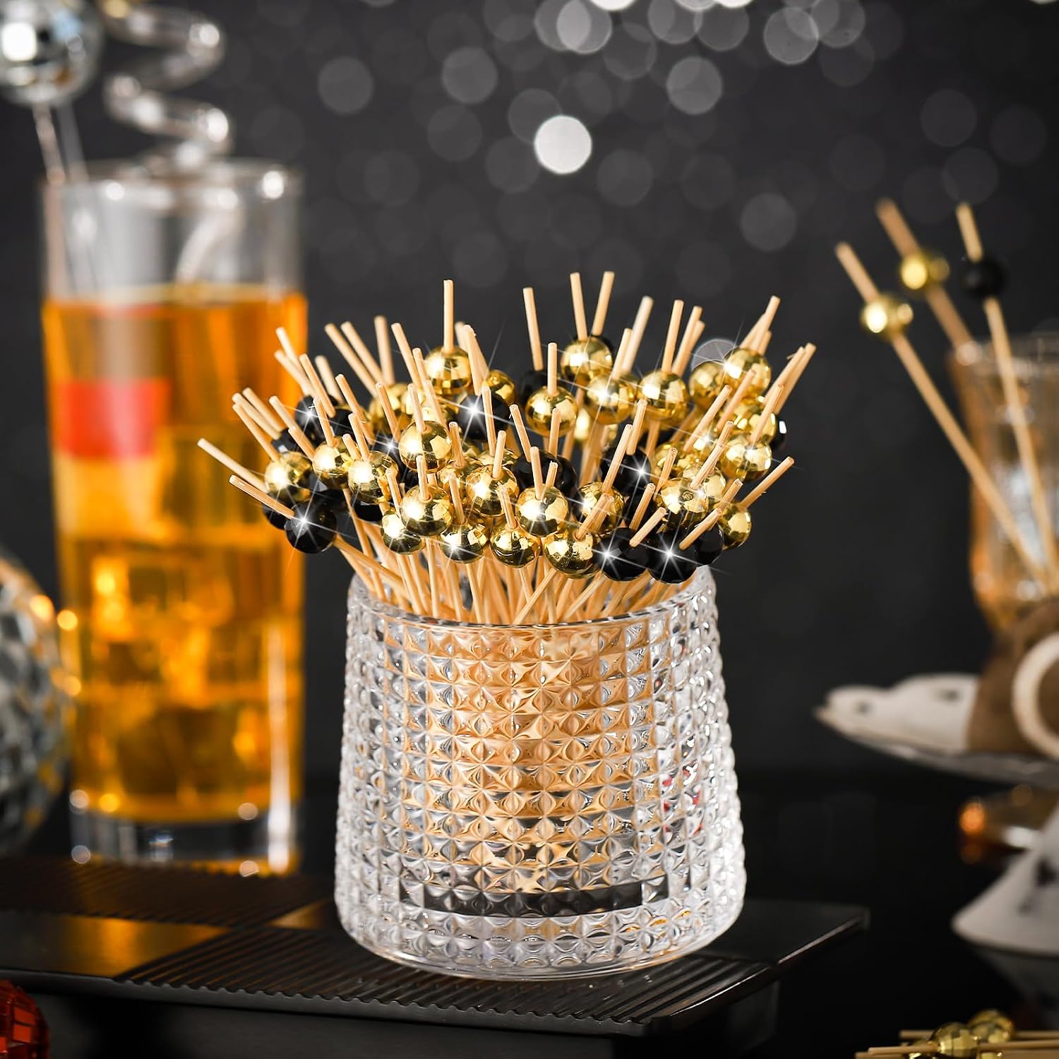 Hushee 300 Pcs Disco Ball Cocktail Picks Bamboo Disco Toothpicks Skewers