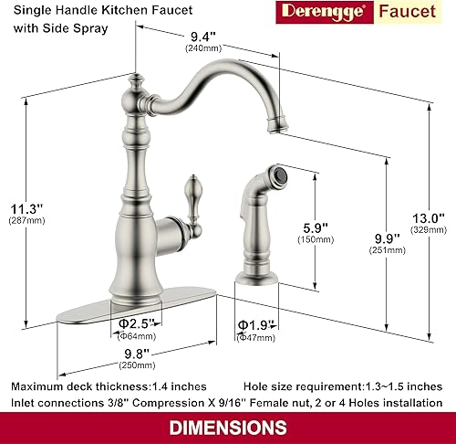 Miniatura 5 de KF-6832TB-BN - Grifo de cocina de níquel cepillado con rociador lateral, grifo de fregadero de cocina de una sola manija de 8 pulgadas con placa de