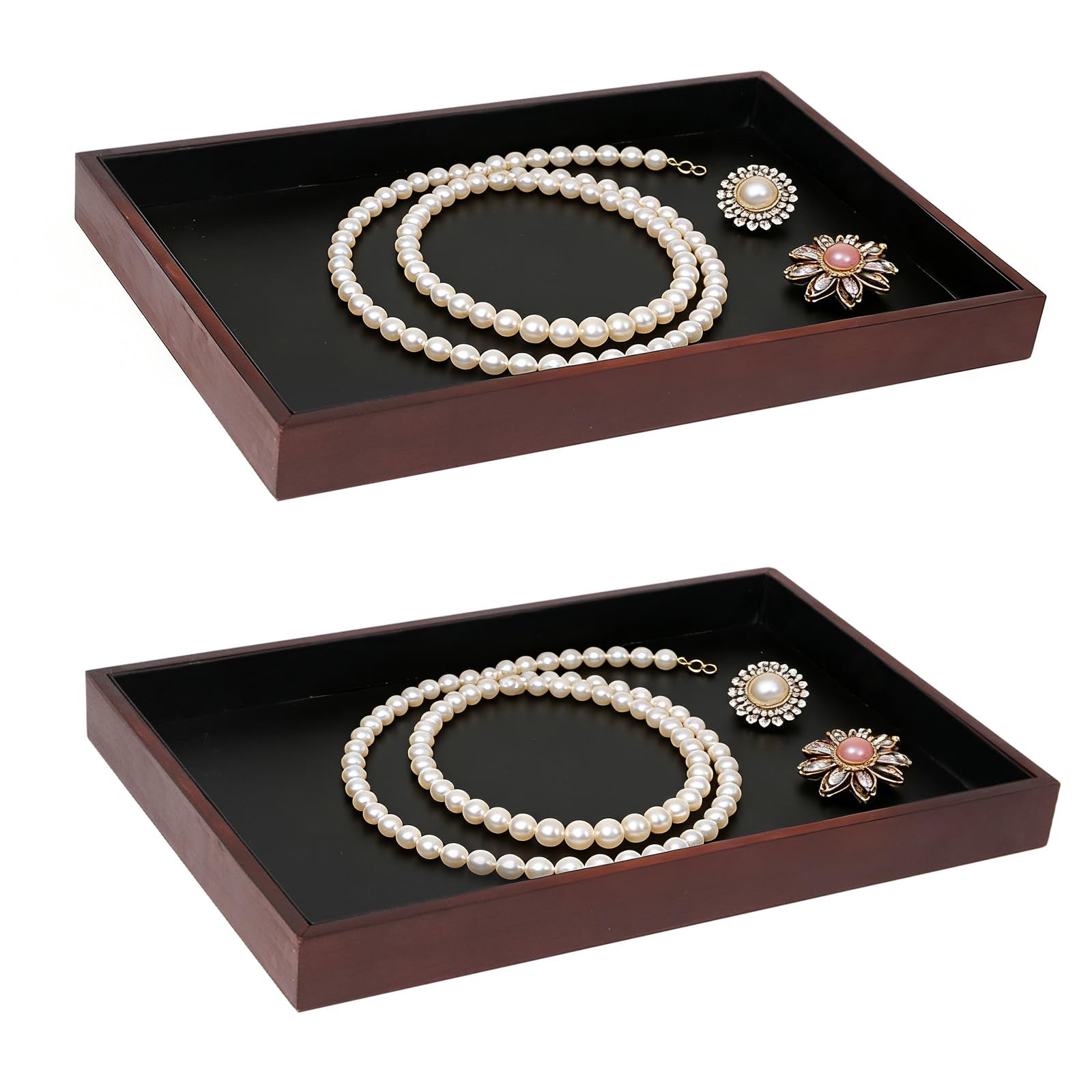 2 Pièces Plateau à Bijoux en Bois 35x24x3cm Plateau de Presentation Bijoux Empilable Organisateur de Bijoux Plat Bois pour Ranger et Exposer Anneaux,Colliers,Bracelets