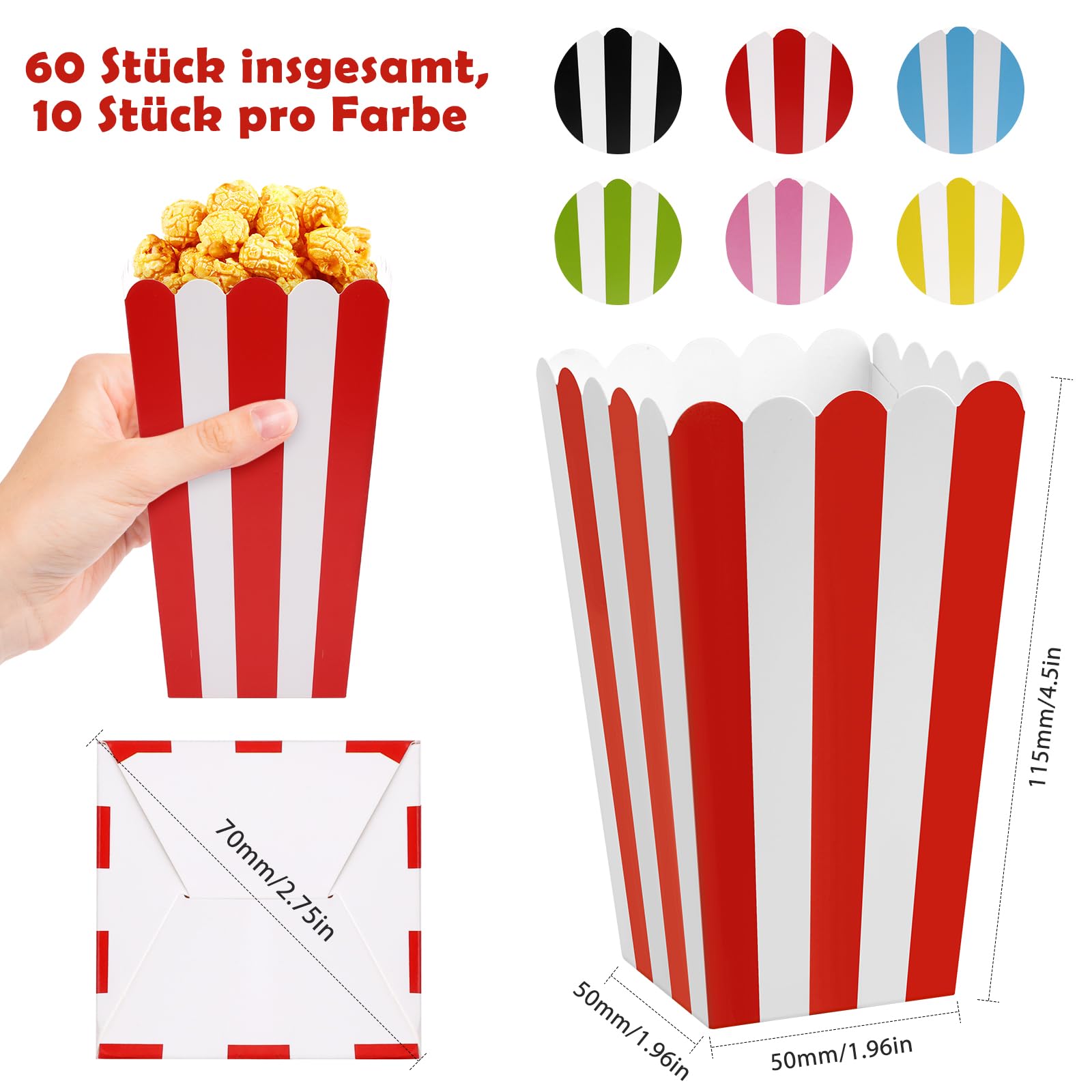 60er-Set Faltbare Popcorn-Tüten – 6 Farben, ölbeständiger Karton, 7x5x12 Cm, Für Party, Kino, Snacks, Süßigkeiten & Mehr