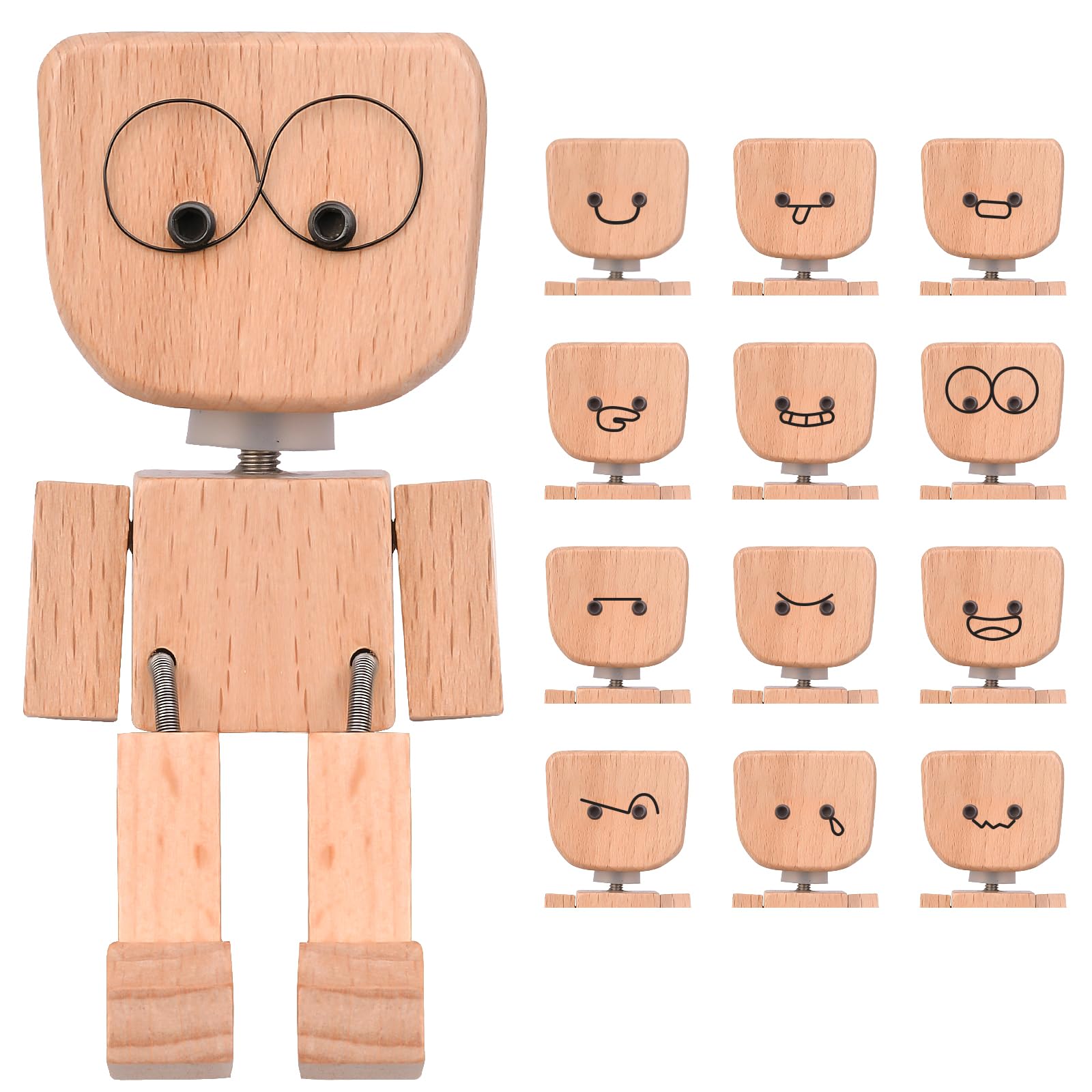 Mwmoeen Lustige Schüttelmann, Wackelnder Holzmann als Wackelfigur Auto Dekoration, die mit 12 magnetischen Ausdrücke schwankt, handgefertigte Shaking Wooden Man als Auto Ornament