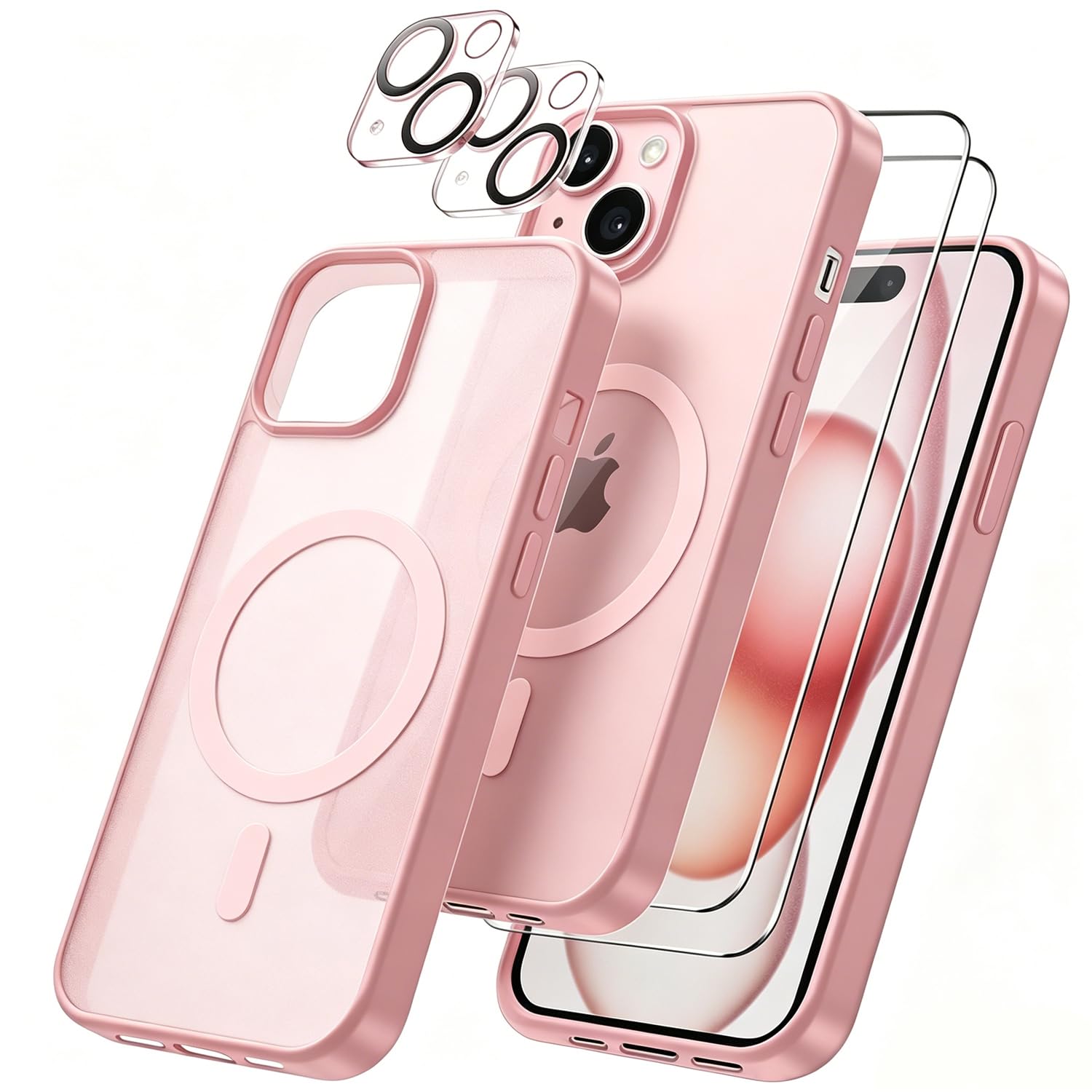 Cover per iPhone 15 Compatibile con 2 vetri temperati e 2 vetri per fotocamera, Translucent Matte Slim Back PC+TPU Bumper Shockproof Compatible Magnetic Cover per iPhone 15 - Rosa chiaro