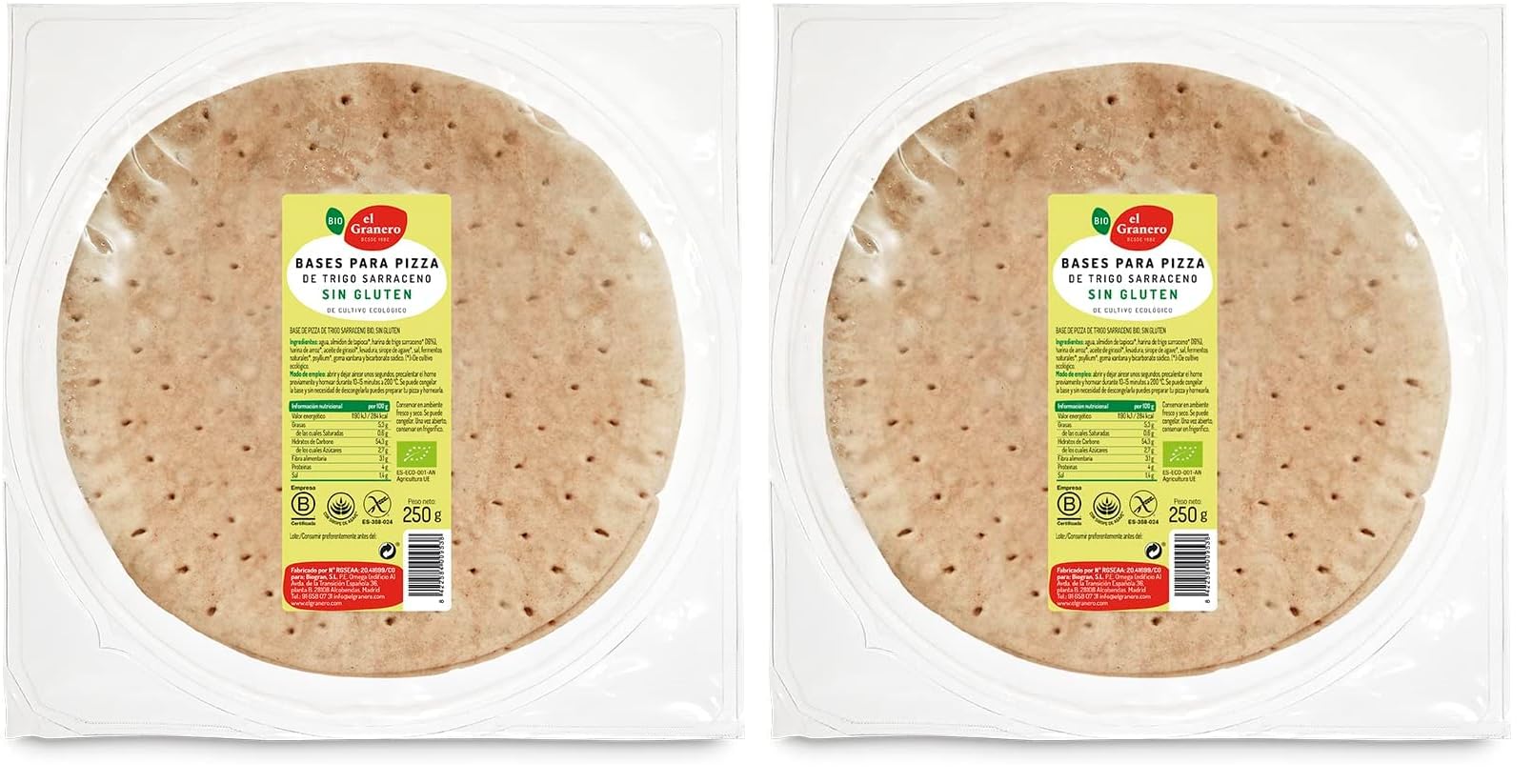 El Granero Integral - Bases de Pizza con Trigo Sarraceno Sin Gluten BIO - 2 Und. 250 g - Alto Contenido en Fibra y Minerales - Aptas para Veganos y Celíacos — view 4