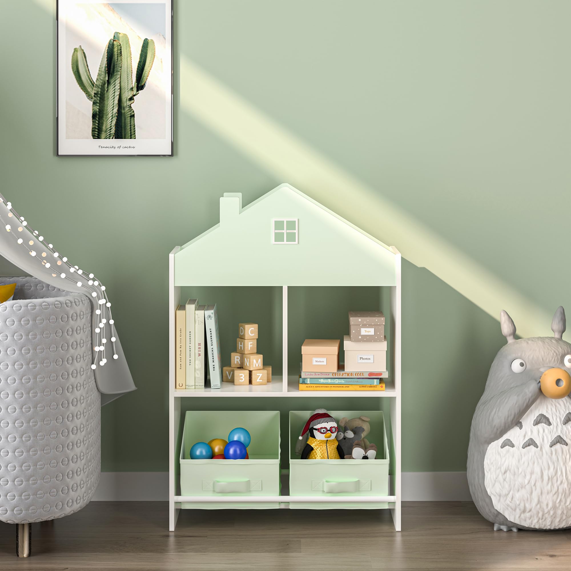 [en.casa] Kinder Bücherregal Vipsali Kinderregal in Hausoptik mit 2 faltbaren Aufbewahrungsboxen Spielzeug Aufbewahrung 90 x 60 x 27 cm Mintgrün/Weiß