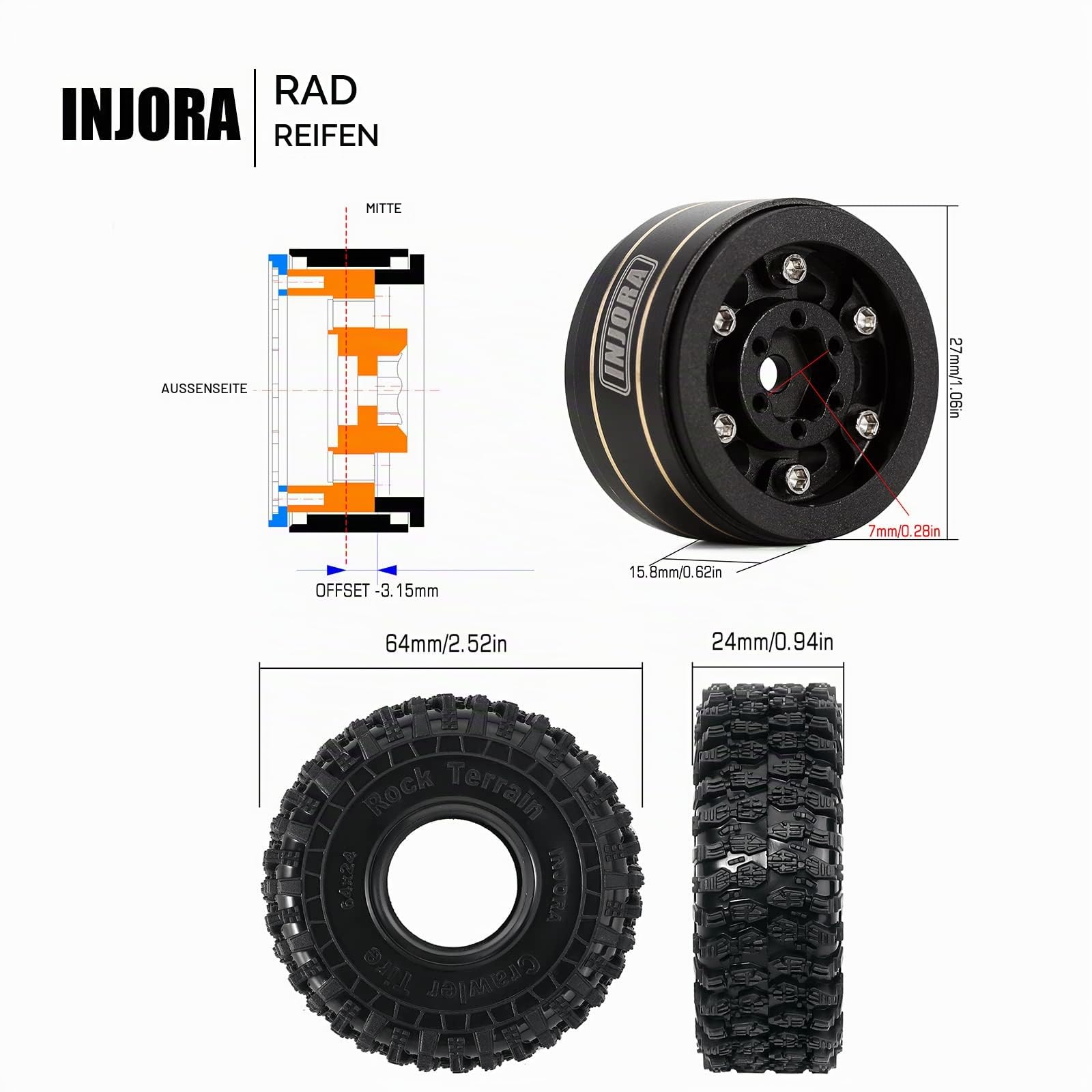 INJORA 1.0 RC Reifen Satz Beadlock Messingfelgen 4St für 1/18 1/24 RC Crawler Auto Axial SCX24 FMS FCX24 Gladiator Bronco C10 JLU Deadbolt B17 Upgrade (W1005-T1011)