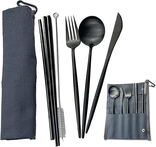 Miniatura 15 de JASHII Juego de cubiertos reutilizables con cuchillo, tenedor, cuchara, palillos, 7 piezas de vajilla portátil de acero inoxidable 304 de viaje