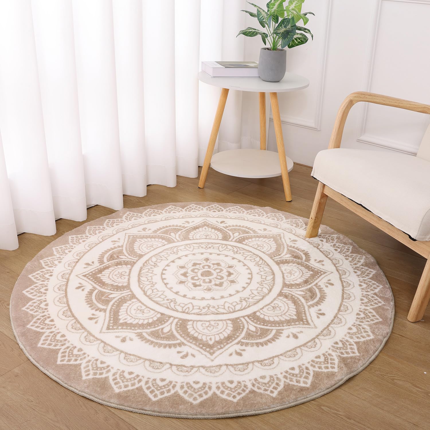 SHACOS Kurzflor Teppich Rund 160 cm, Boho, Anti Rutsch, Waschbar, Wohnzimmerteppich Rund Flauschig, Runder Teppich für Schlafzimmer, Wohnzimmer, Beige