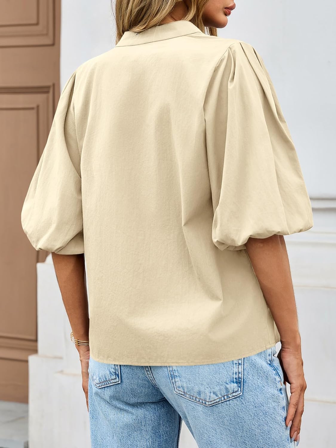 Tankaneo Womens Half Puff Sleeve Button Down Shirts Cotton Loose Fit Tops Summer Dressy Casual Blouses - Image 3