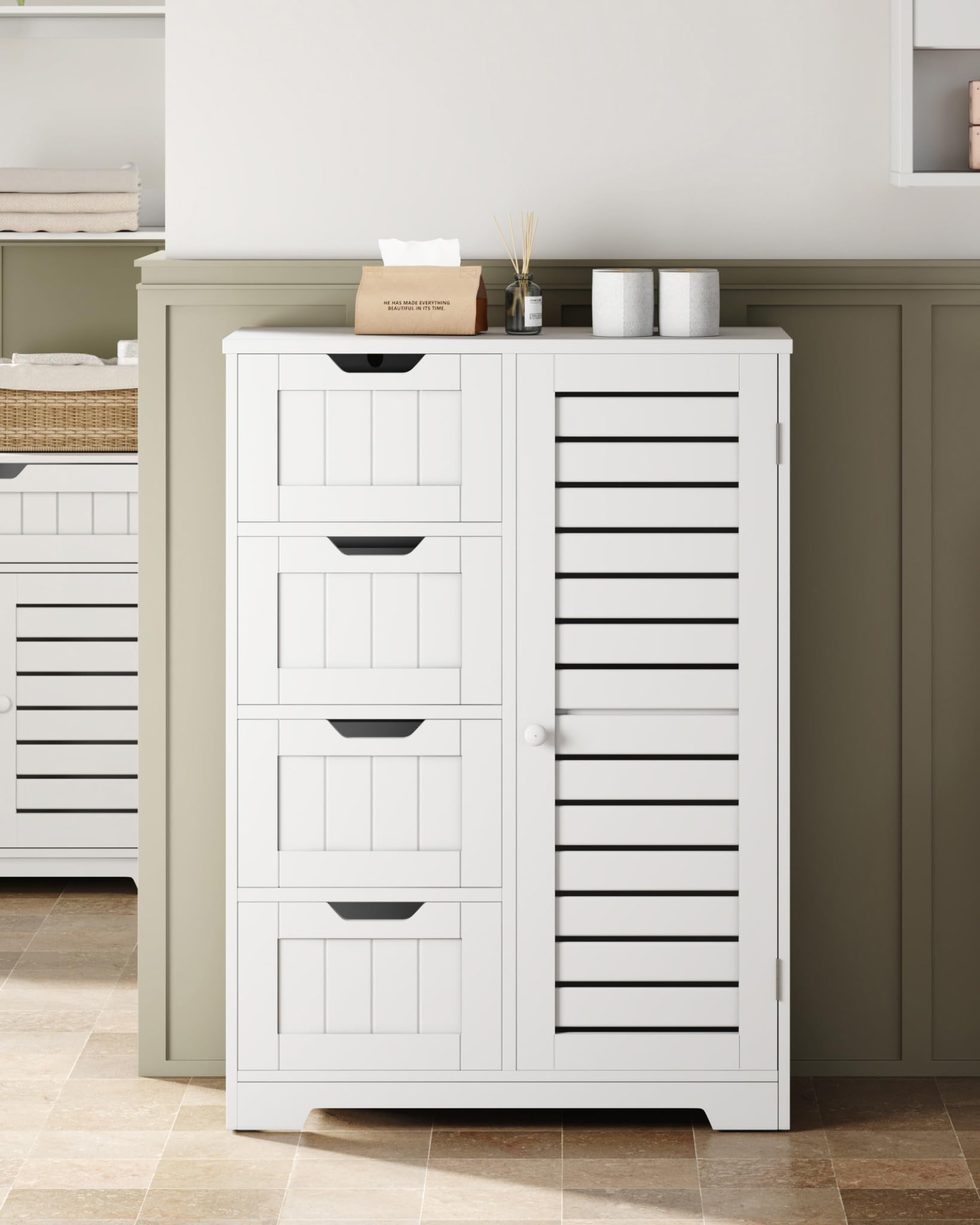 Mondeer Meuble de Salle de Bain, Armoire de Rangement avec 4 Tiroirs et 1 Persienne Porte Etagère Réglable, pour Salle de Bain Cuisine Salon, 56 x 30 x 82 cm, Blanc
