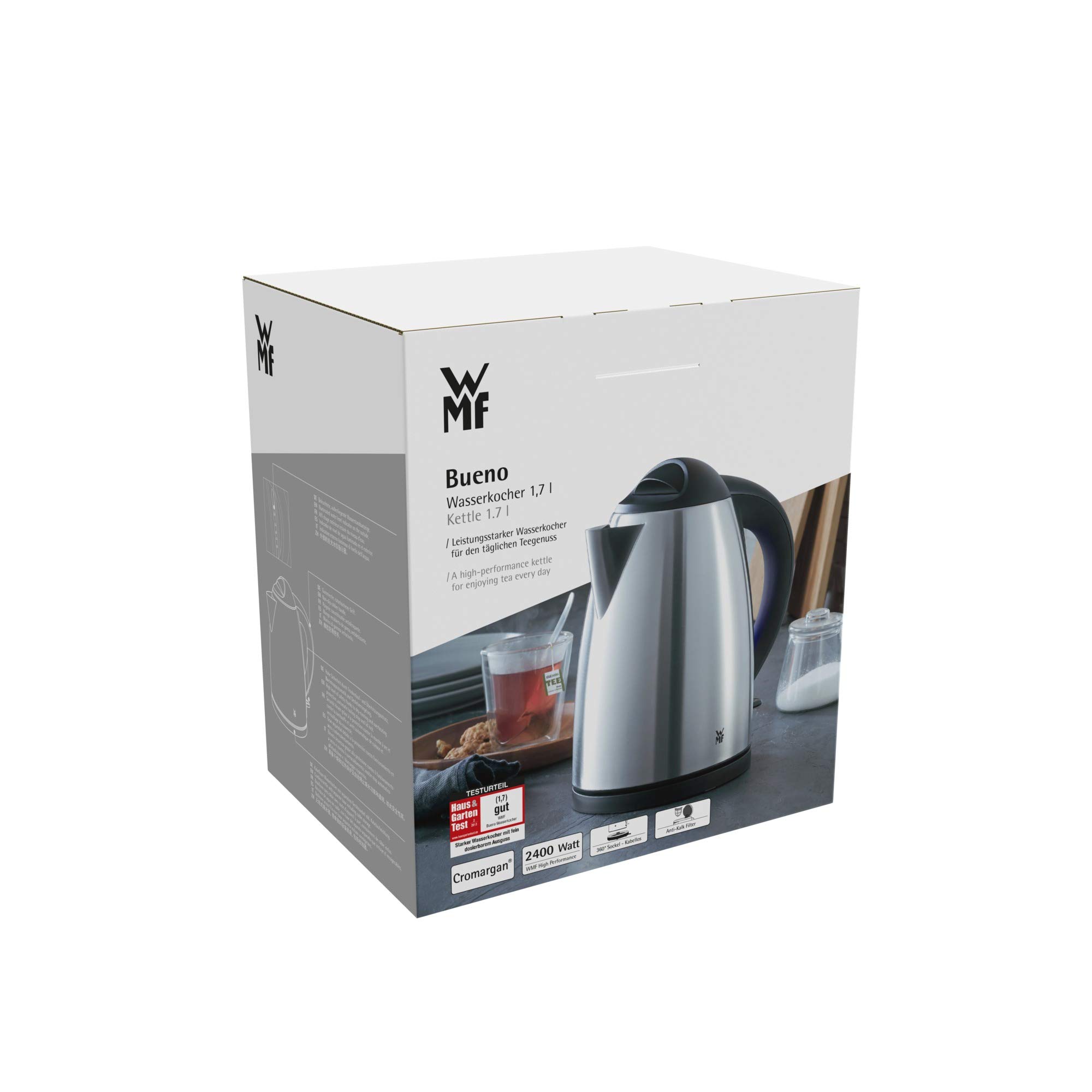 WMF Bueno - Hervidor de Agua 1,7 L de Acero Inoxidable Cromargan 18/10, Hervidor Eléctrico 2400 W con Filtro de Cal e Indicador Nivel de Agua