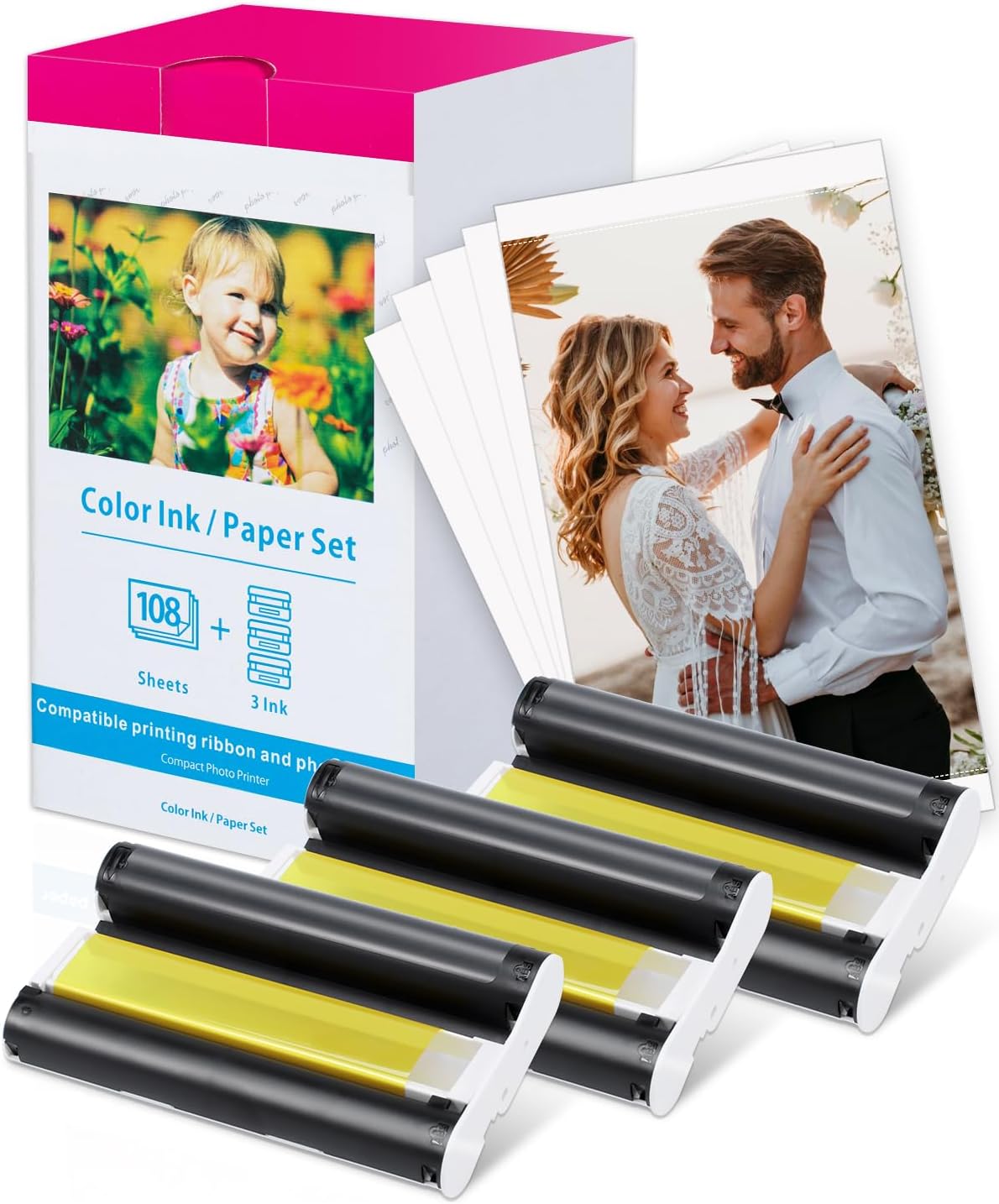 Compatible with Canon Selphy Paper 3.5'' x 5'' for CP1500 CP1300 CP1200 CP1000, KL-108IN KL108 3 Color Ink Cartridges and 108 Photo Paper Sheets (Glossy Paper) for Selphy CP Photo Printers
