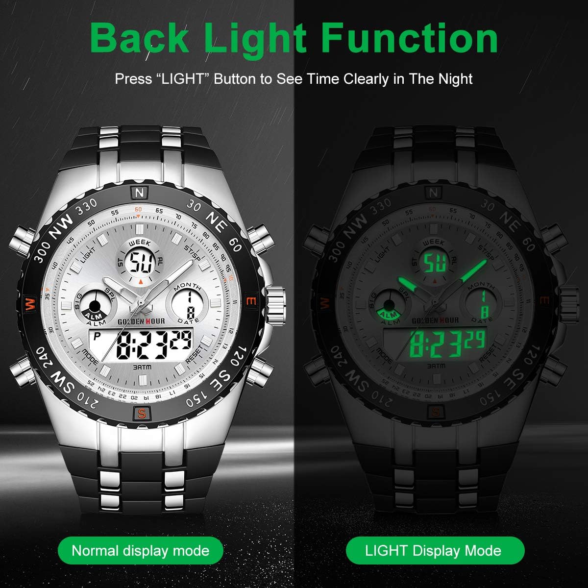 Men's Military Sports Watches Digital Waterproof Analogue Watch with Date, Alarm, Luminous, Stopwatch - Image 5