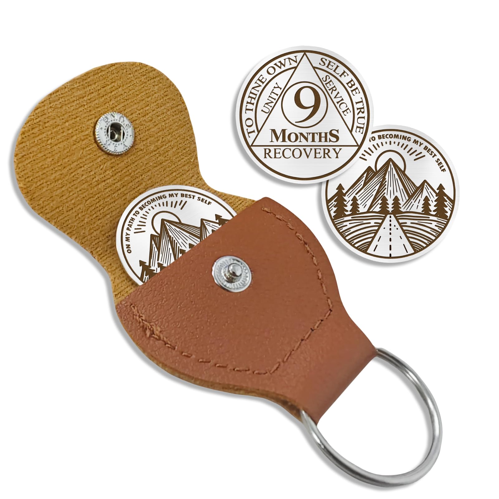 9 Months Sobriety Coin to Thine Own Self be True AA Chips and Medallions with PU Leather Keychain Sobriety Gifts for Celebrating Alcoholics Anonymous Recovery Sobriety Gifts for Men Women
