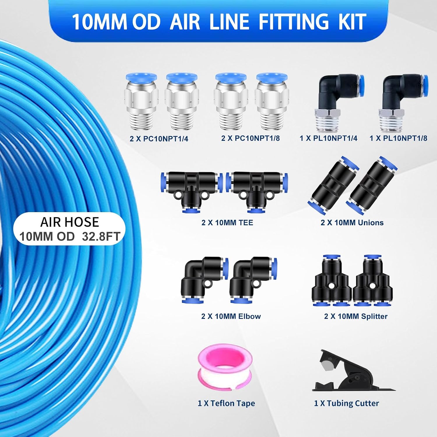 10mm Air line kit,10mm OD x 52.5 Feet Blue Air Hose Tubing Fittings,15pcs Compressed Air Line Accessory Kit Push to Connect Fittings for Air Line