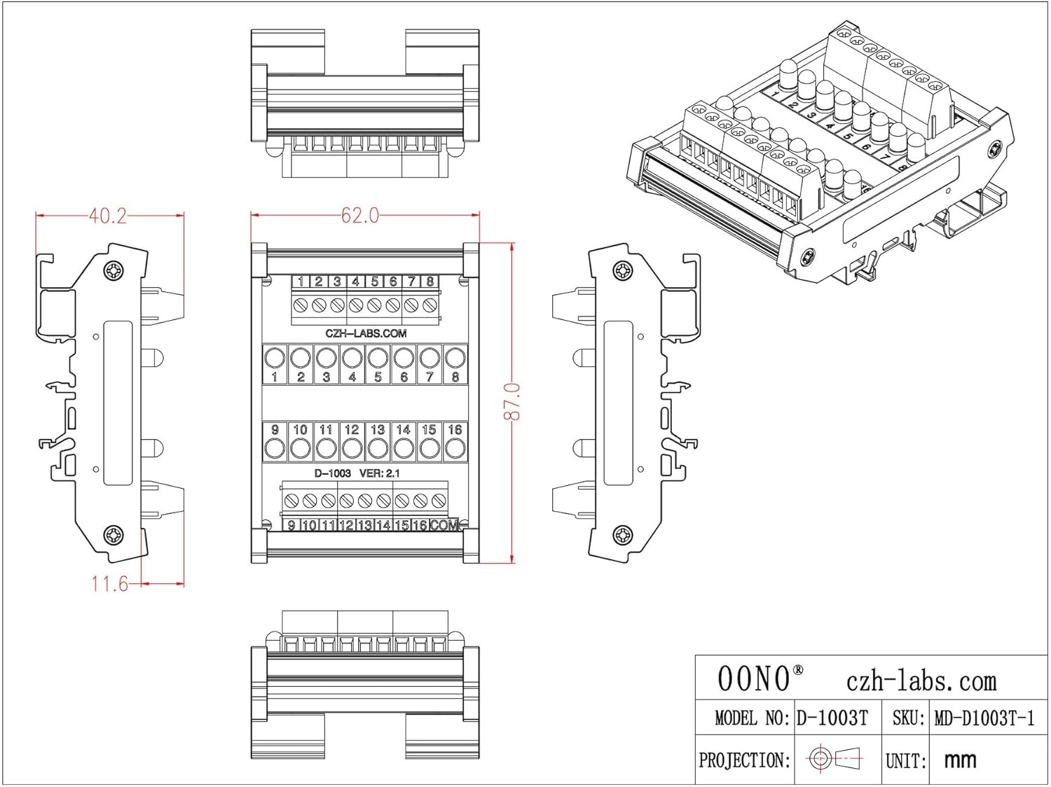 Dimensional drawing of the OONO 16-LED indicator module