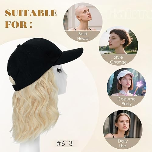 Miniatura 109 de Hairro Cap with Hair Attached For Women Wig Hat with Hair Short Bob style Synthetic Wavy Curly Adjustable Ball Cap Wiggy Hair Extensions 8" 180g #1