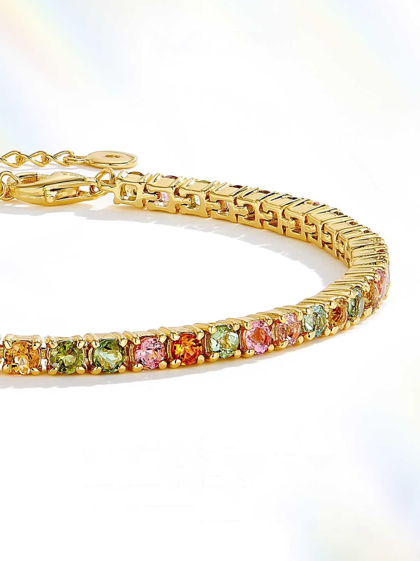 Pulseras de Mujer de Oro Amarillo 9K / 14K / 18K, Redondo con Turmalina Multicolor de 3,3 ct, Cadena Extensible 16 CM + 5 CM, Pulseras de Mujer de Oro Colorido