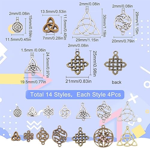 Miniatura 2 de SUNNYCLUE 1 caja de 56 dijes de nudo celta, dijes irlandeses de enlace de trinidad, cuentas de nudo de estilo tibetano, dijes redondos planos de