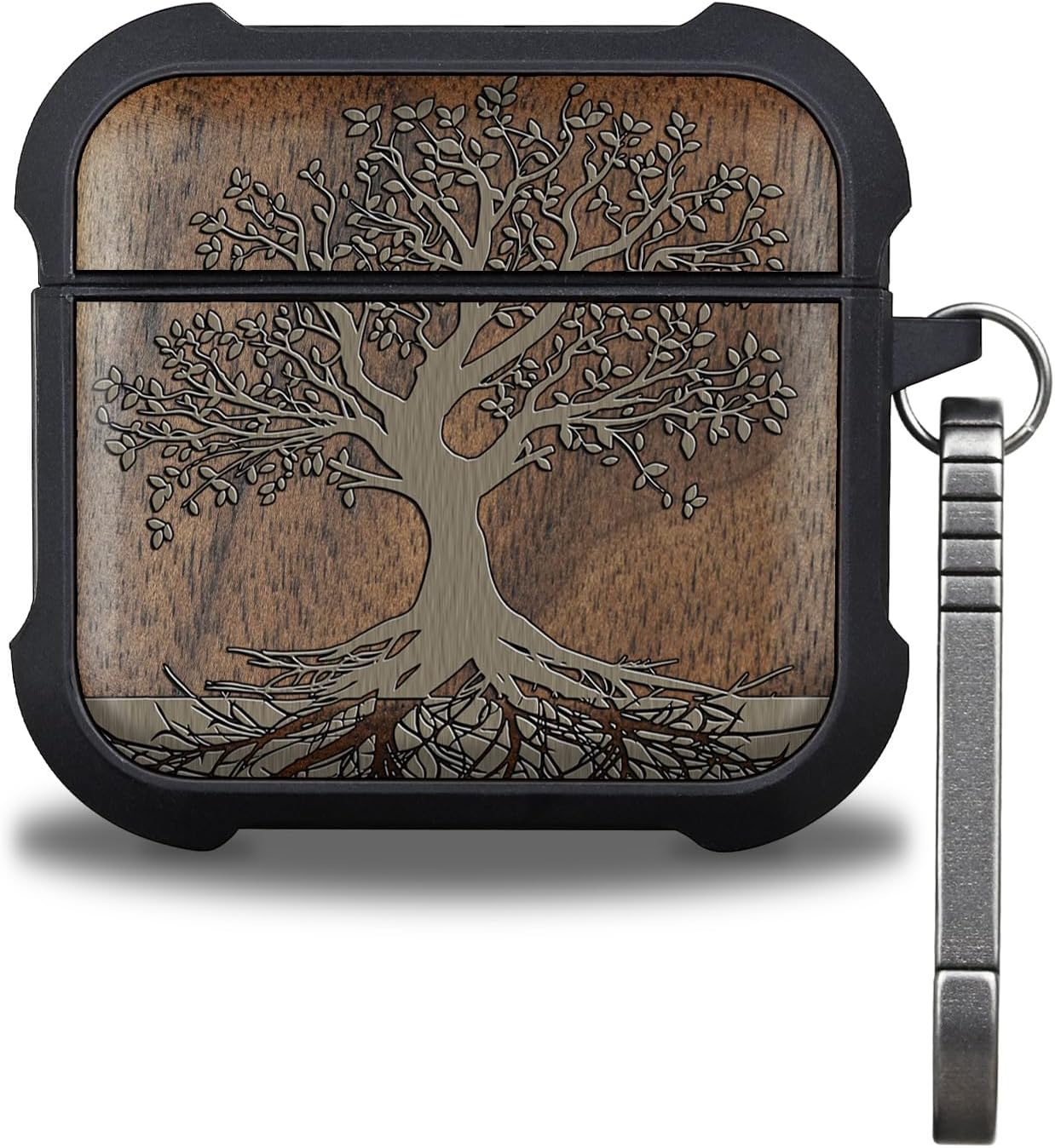 for AirPods 4 Case (2024) (USB-C), Shockproof Cover with Quick Released Keychain, Compatible with AirPods 4th Generation, Natural Wood Hand-Drawn (Rooted Tree) Walnut