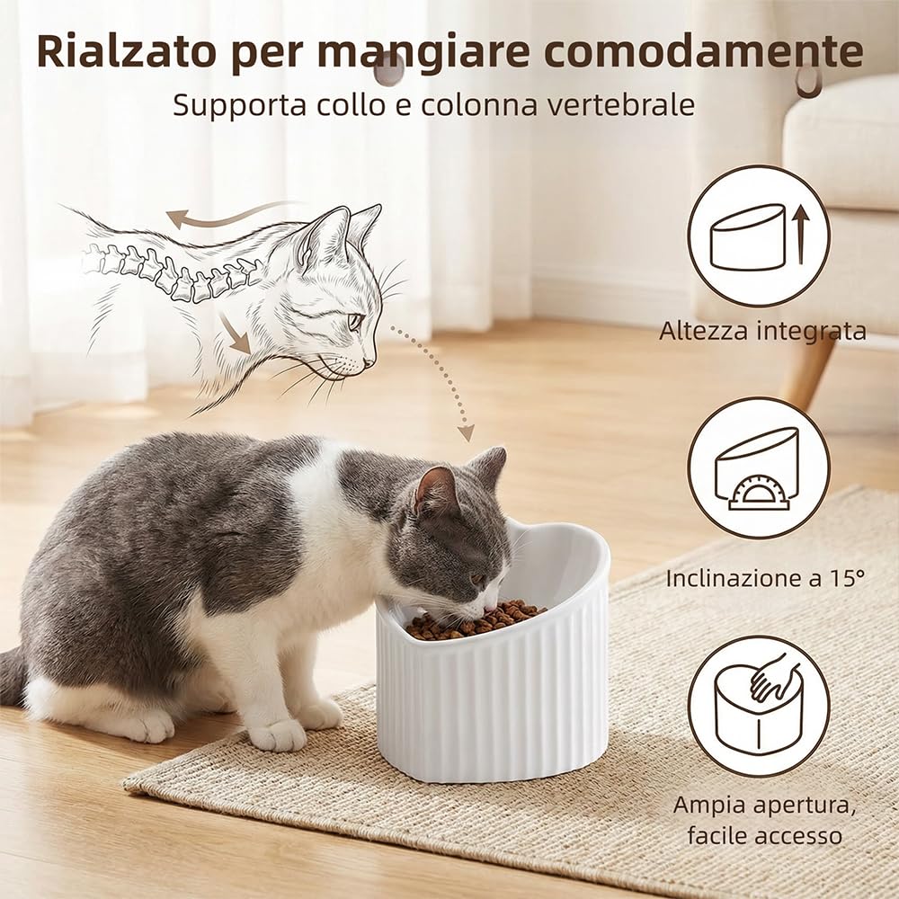 Ciotola per Gatti Rialzata e Inclinata - Ciotola Gatto in Ceramica Anti Vomito - Adatta per Microonde e Lavastoviglie - 180 g